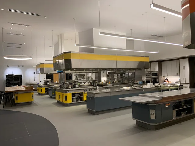 A large very well equipped, well lit, open commercial kitchen with seperate prep counters and cooking bays. Each bay is equipped with two ovens, two stovetops, a broiler, a large fumehood, and a grill. How to study ghost kitchen operations: 25 signals by operating model