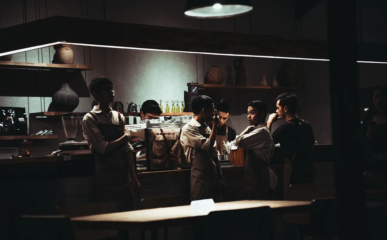 people, men, barista, chef, employee, bar, counter, barista, barista, barista, chef, chef, chef, chef, chef. Ghost kitchen staff training records and sign-offs