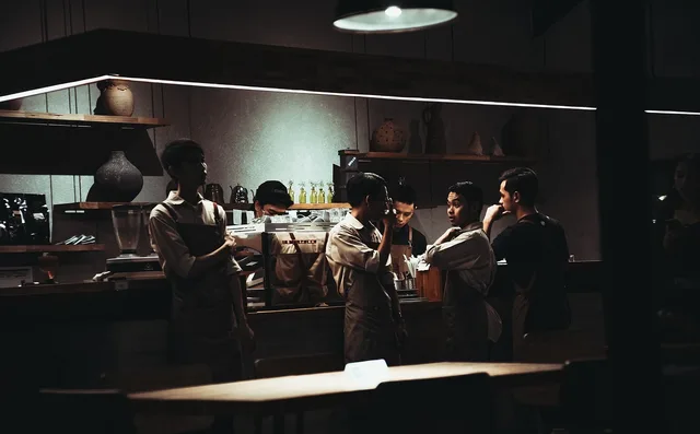 people, men, barista, chef, employee, bar, counter, barista, barista, barista, chef, chef, chef, chef, chef. Ghost kitchen staff training records and sign-offs