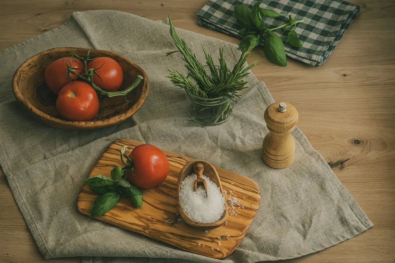 tomatoes, rosemary, basil, salt, pepper, spices, olive wood, wooden block, tablecloth, herb drying, kitchen table, scandinavian style, rustic kitchen, eco cooking, food preservation, modern kitchen, table setting, vegetarian cuisine, home cooking, natural ingredients. Ghost kitchen insurance: coverage explained and priced