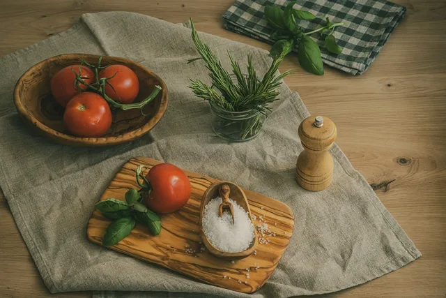 tomatoes, rosemary, basil, salt, pepper, spices, olive wood, wooden block, tablecloth, herb drying, kitchen table, scandinavian style, rustic kitchen, eco cooking, food preservation, modern kitchen, table setting, vegetarian cuisine, home cooking, natural ingredients. Ghost kitchen insurance: coverage explained and priced