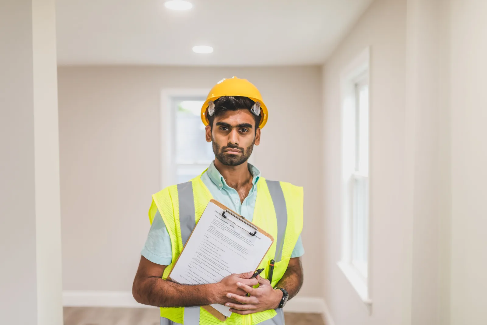 A construction worker wearing a hard hat and safety vest stands indoors with a clipboard. Ghost kitchen licensing requirements: who decides what