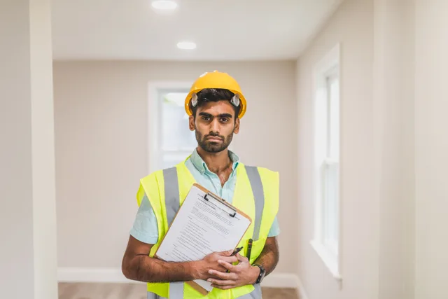 A construction worker wearing a hard hat and safety vest stands indoors with a clipboard. Ghost kitchen licensing requirements: who decides what