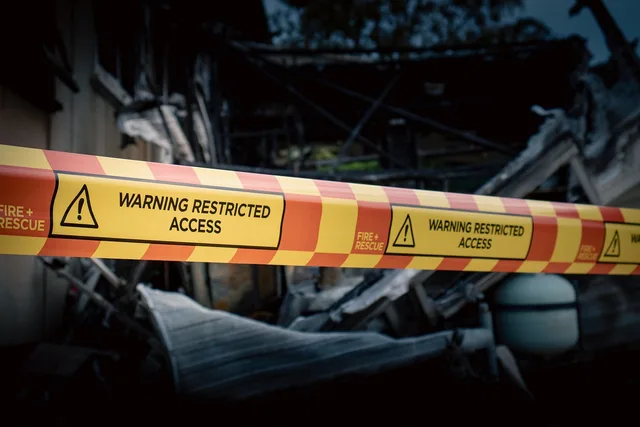 warning sign, warning tape, sign, warning, fire, house fire, burnt, burned, tape. Hurricane season guide for ghost kitchen operations in Florida